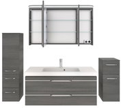 Badezimmermöbel-Set in dunklem Holzdekor, bestehend aus einem Waschbeckenunterschrank mit integriertem Waschbecken, einem hohen Schrank, einem kleineren Schrank und einem Spiegelschrank mit geöffneten Türen. Frontalansicht.
