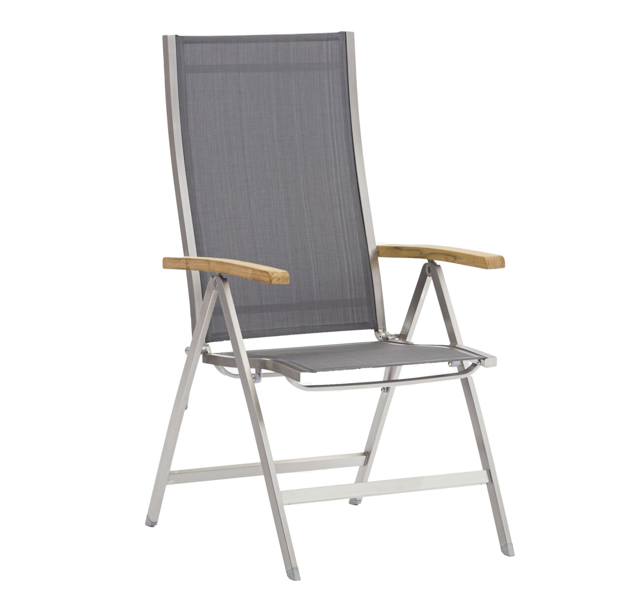 Zebra Klappsessel ONE Moderner Klappsessel mit grauem Netzgewebe und Holzarmlehnen, seitliche Perspektive