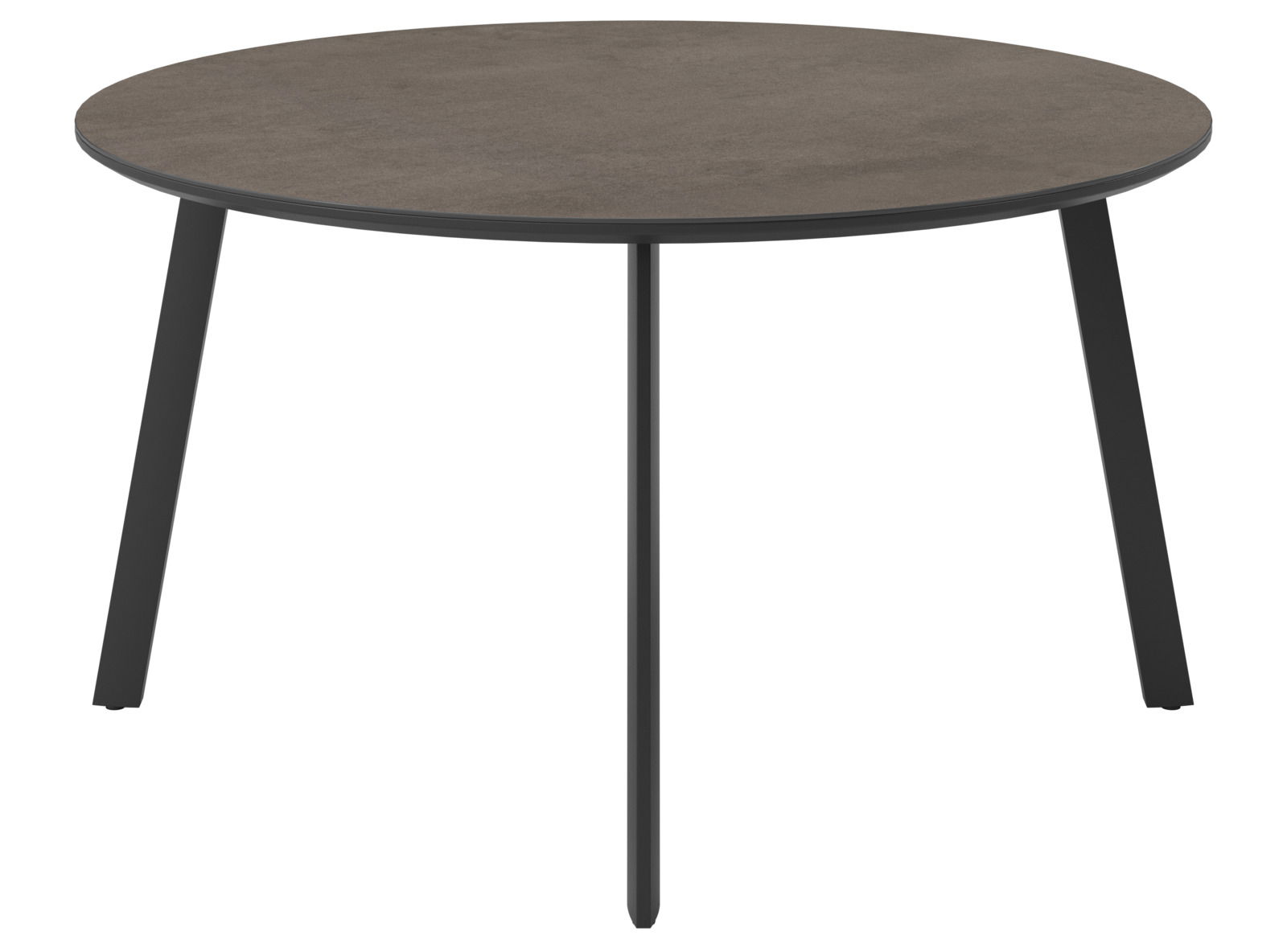 Runder Gartentisch mit dunkler Tischplatte und schwarzen Beinen, frontal betrachtet.