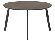 Runder Gartentisch mit dunkler Tischplatte und schwarzen Beinen, frontal betrachtet.