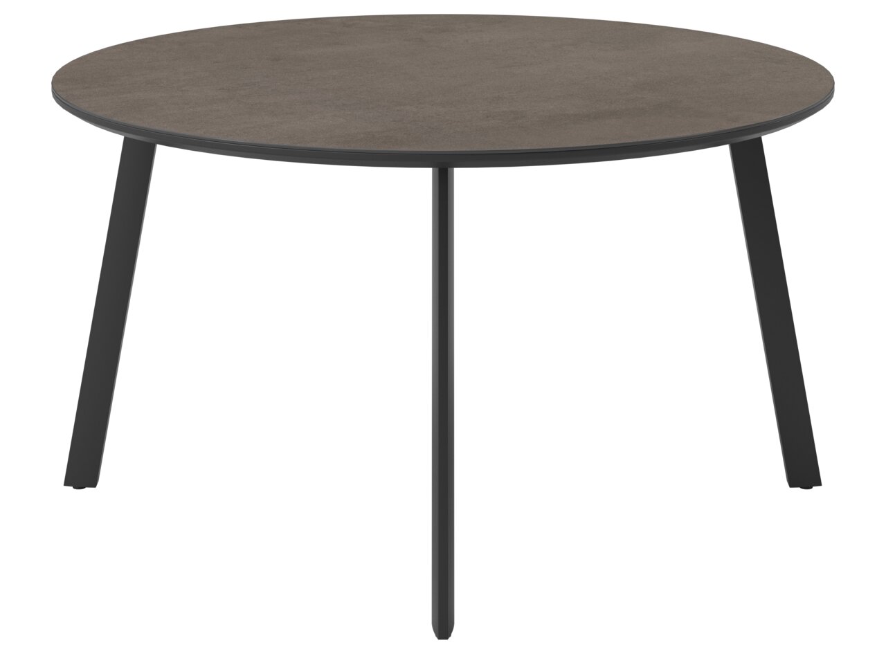 Runder Gartentisch mit dunkler Tischplatte und schwarzen Beinen, frontal betrachtet.