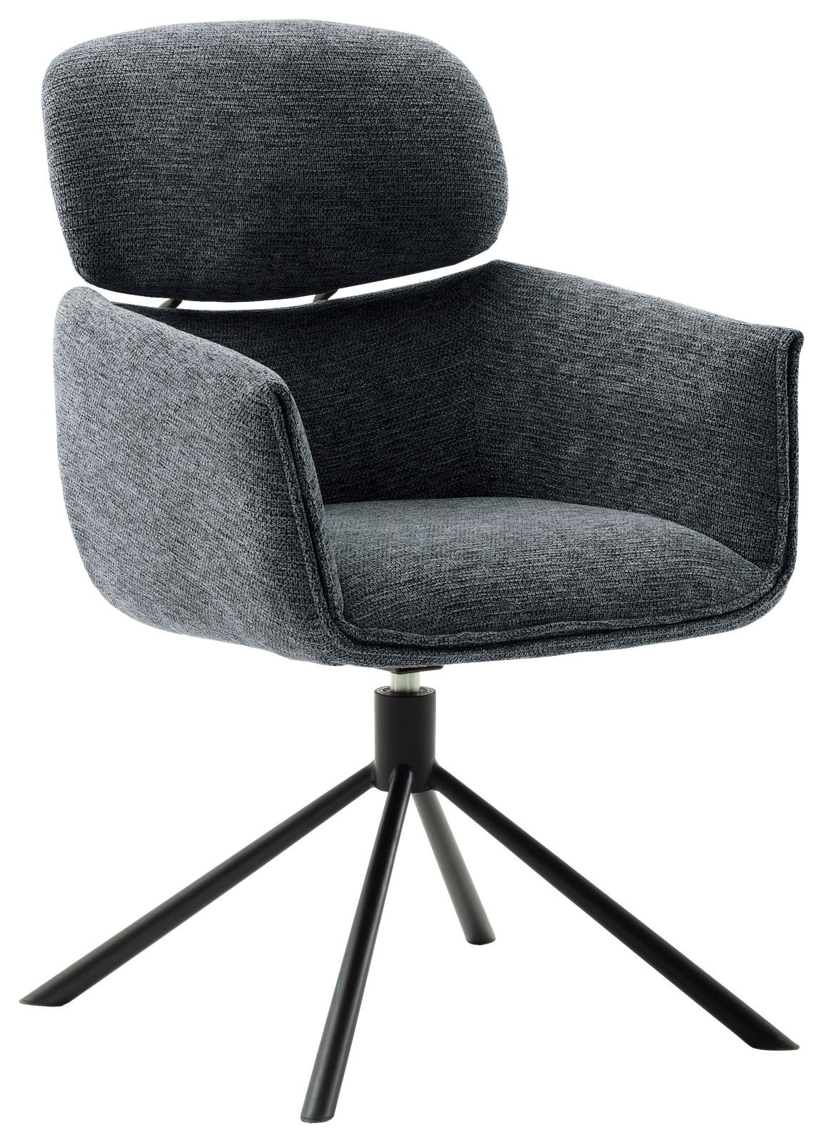 Novel Sessel UVITA Moderner grauer Sessel mit gepolsterter Rückenlehne und Armlehnen, auf einem schwarzen Metallgestell mit vier Beinen, seitliche Perspektive.