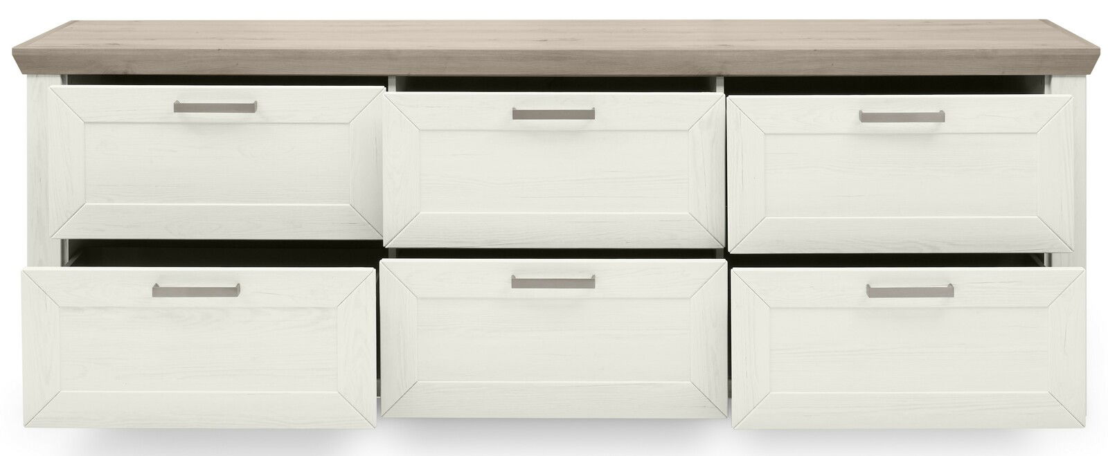 Frontale Ansicht eines weißen Sideboards mit sechs Schubladen und einer Holzplatte.