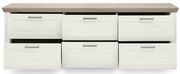 Frontale Ansicht eines weißen Sideboards mit sechs Schubladen und einer Holzplatte.