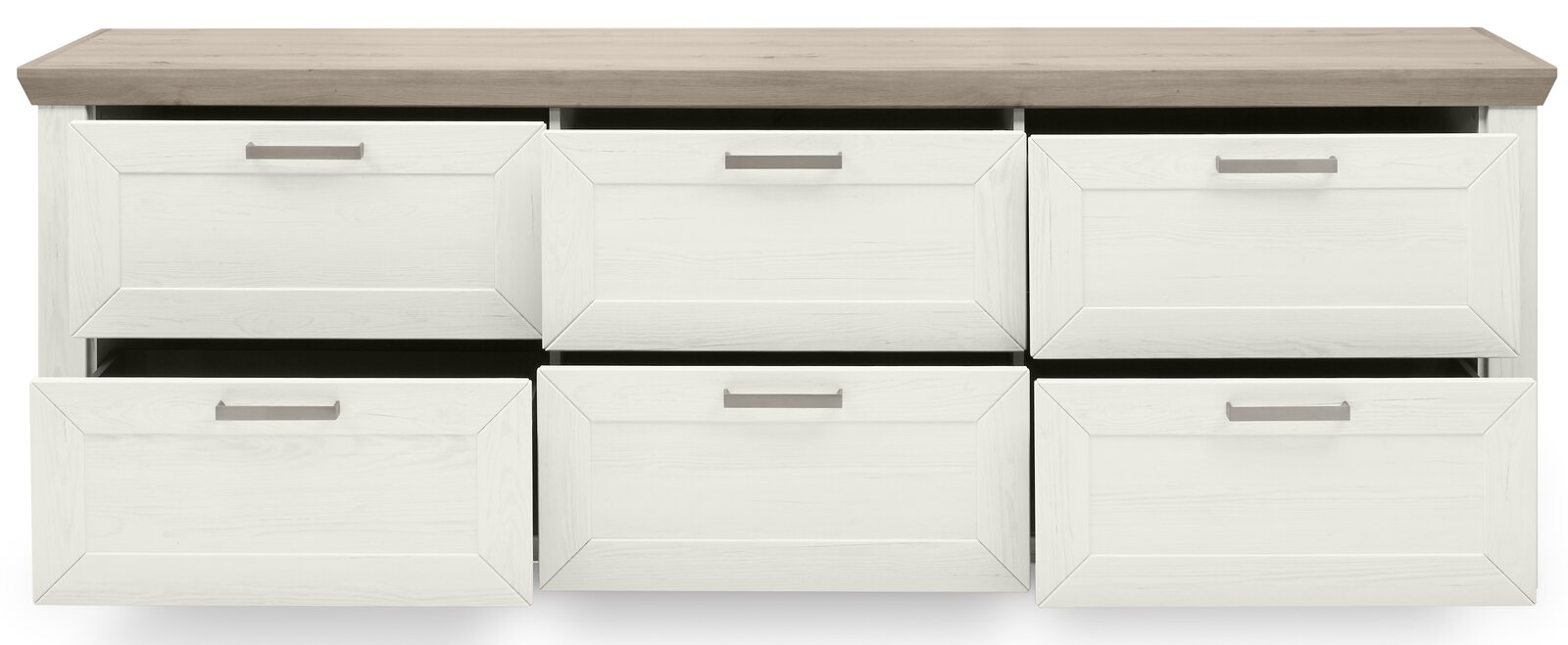 Frontale Ansicht eines weißen Sideboards mit sechs Schubladen und einer Holzplatte.