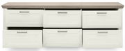 Frontale Ansicht eines weißen Sideboards mit sechs Schubladen und einer Holzplatte.