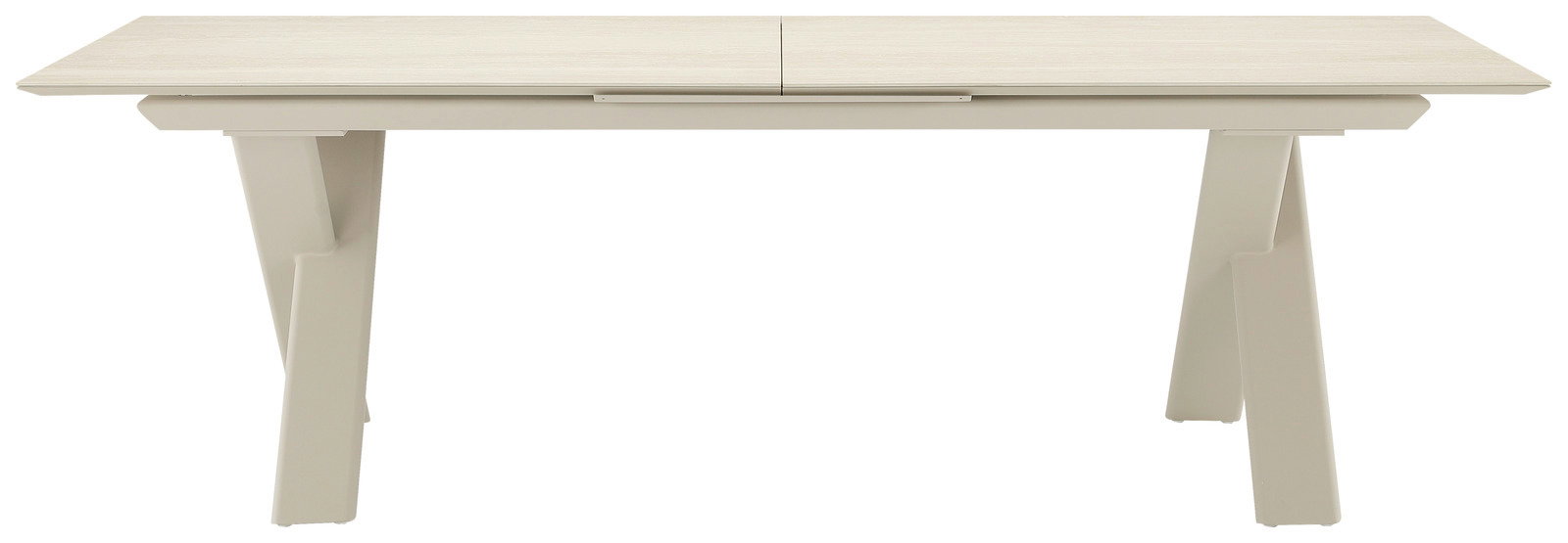 Moderner Garten Ausziehtisch in heller Holzoptik, frontal betrachtet.