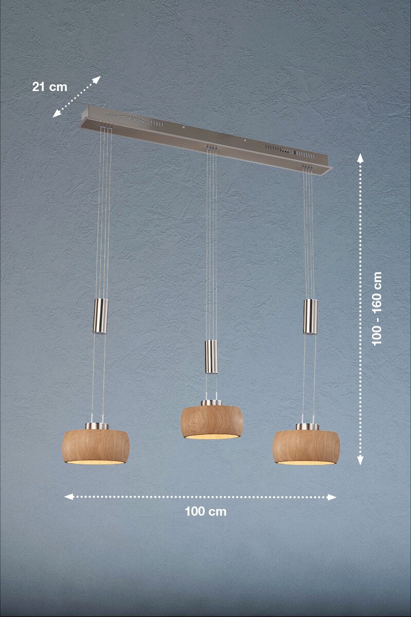 Moderne Pendelleuchte mit drei hängenden Holzlampenschirmen, seitliche Perspektive