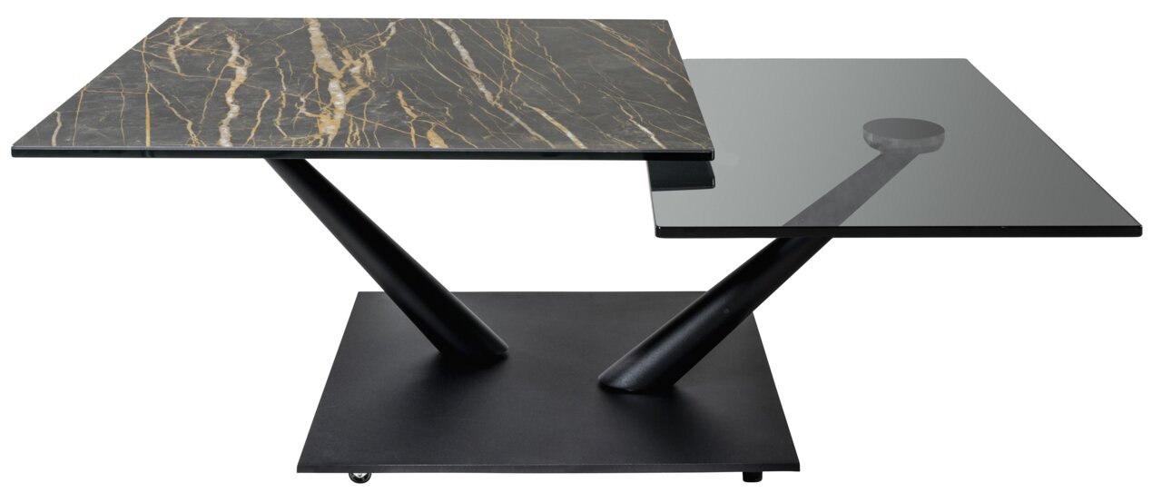 Moderne salontafel met een tweedelig tafelblad van marmer en glas, gezien vanaf de zijkant.