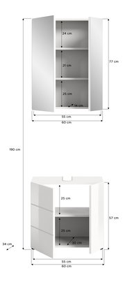 Zwei weiße Badschränke in unterschiedlichen Perspektiven. Der obere Schrank ist 77 cm hoch, 60 cm breit und 55 cm tief, mit drei Fächern. Der untere Schrank ist 57 cm hoch, 60 cm breit und 55 cm tief, mit zwei Fächern. Beide Schränke haben geöffnete Türen
