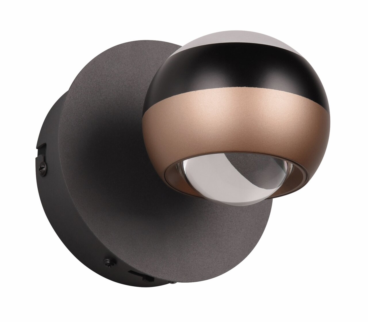 Moderne Wandleuchte ORBIT in Schwarz und Bronze mit kugelförmigem Design, seitliche Perspektive