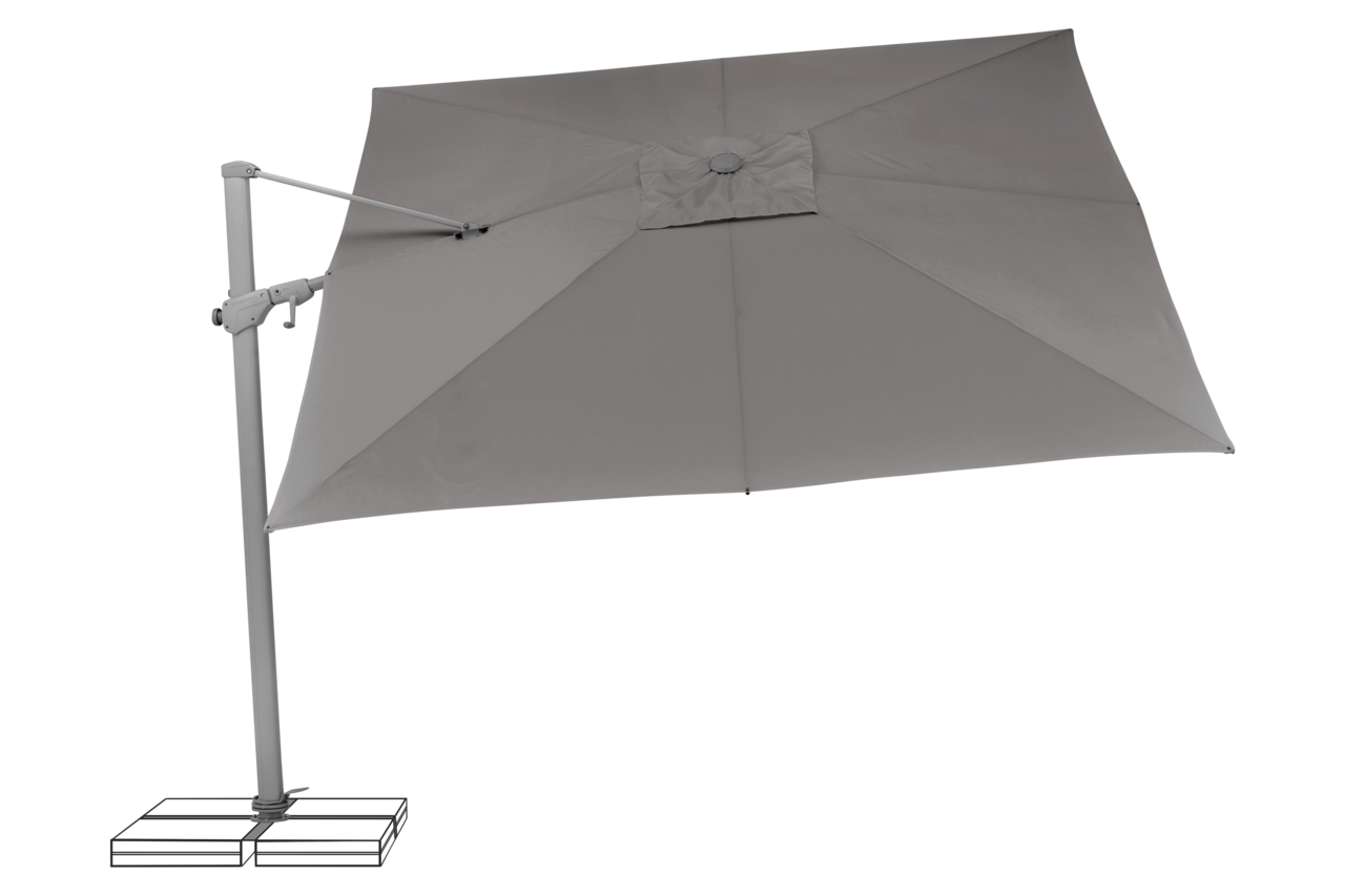 Grauer Ampelschirm mit seitlichem Ständer, von schräg unten fotografiert.