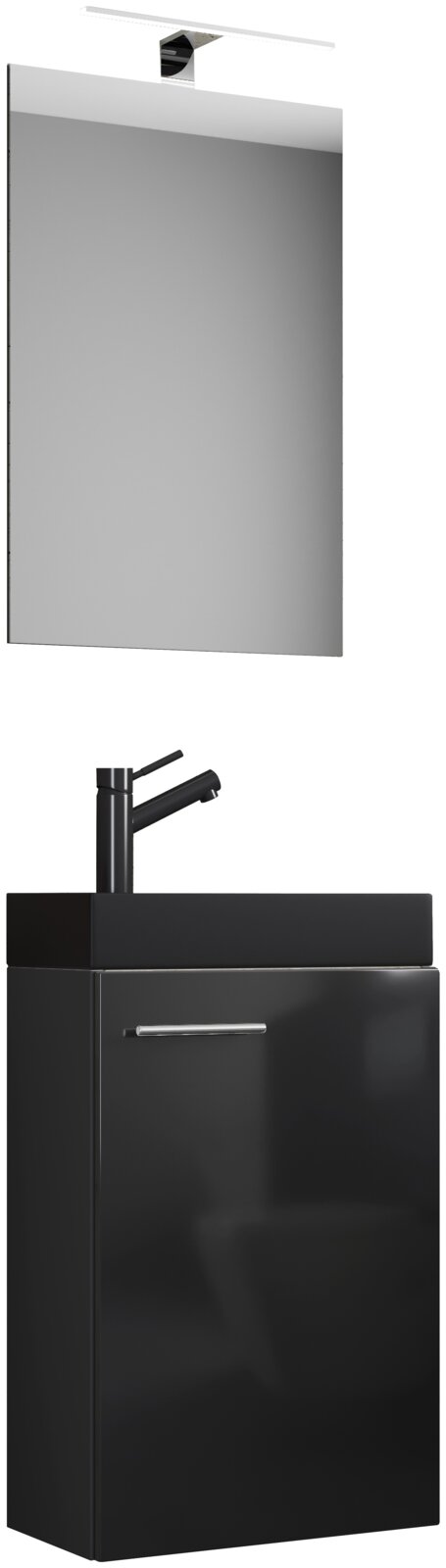 VCM 3-tlg. Gäste-Waschplatz SLITO Modernes Badezimmer-Waschtisch-Set in Schwarz mit Unterschrank, Aufsatzwaschbecken und schwarzem Einhebelmischer sowie großem Spiegel mit LED-Aufsatzleuchte, freigestellte Ansicht in leichter Frontperspektive