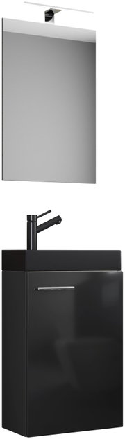 Modernes Badezimmer-Waschtisch-Set in Schwarz mit Unterschrank, Aufsatzwaschbecken und schwarzem Einhebelmischer sowie großem Spiegel mit LED-Aufsatzleuchte, freigestellte Ansicht in leichter Frontperspektive