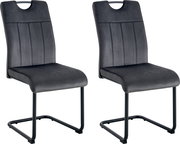 Zwei moderne Freischwinger-Stühle im Set mit dunkelgrauem Polsterbezug, hoher Rückenlehne mit Griffausschnitt und schwarzem Metallgestell, schräg von vorne in leichter Seitenansicht freigestellt auf weißem Hintergrund