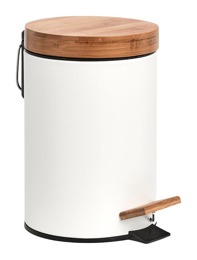 Weißer Kosmetikeimer mit Holzdeckel und Pedal, seitliche Perspektive