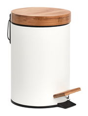 Weißer Kosmetikeimer mit Holzdeckel und Pedal, seitliche Perspektive