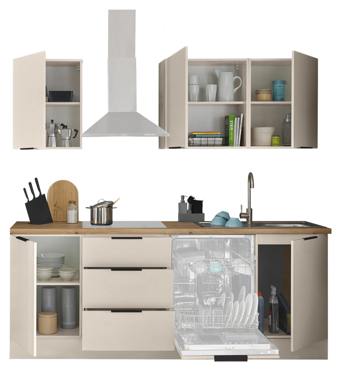 Moderne keukenblok in beige met houten werkblad, afzuigkap, spoelbak en open boven- en onderkasten, inclusief open vaatwasser, vooraanzicht