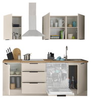 Moderne keukenblok in beige met houten werkblad, afzuigkap, spoelbak en open boven- en onderkasten, inclusief open vaatwasser, vooraanzicht