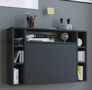 Anthrazitfarbenes Sideboard mit Klapptür und offenen Regalfächern, dekoriert mit Büchern, Stiftebecher, Kamera und kleiner Uhr, aufgenommen in frontaler Perspektive auf Augenhöhe.