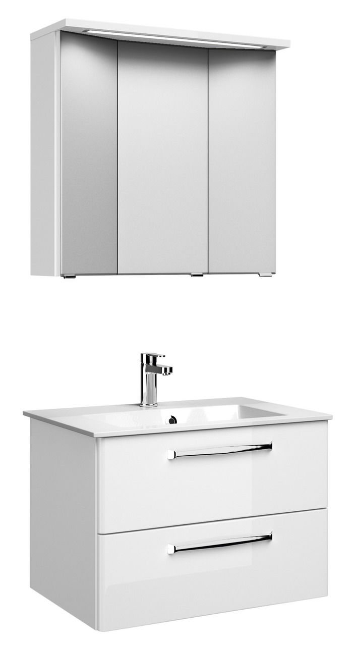 Moderner weißer Badblock mit Spiegelschrank und Waschbecken, Frontalansicht