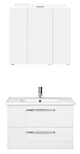 Moderner weißer Badblock mit Spiegelschrank und Waschbecken, Frontalansicht