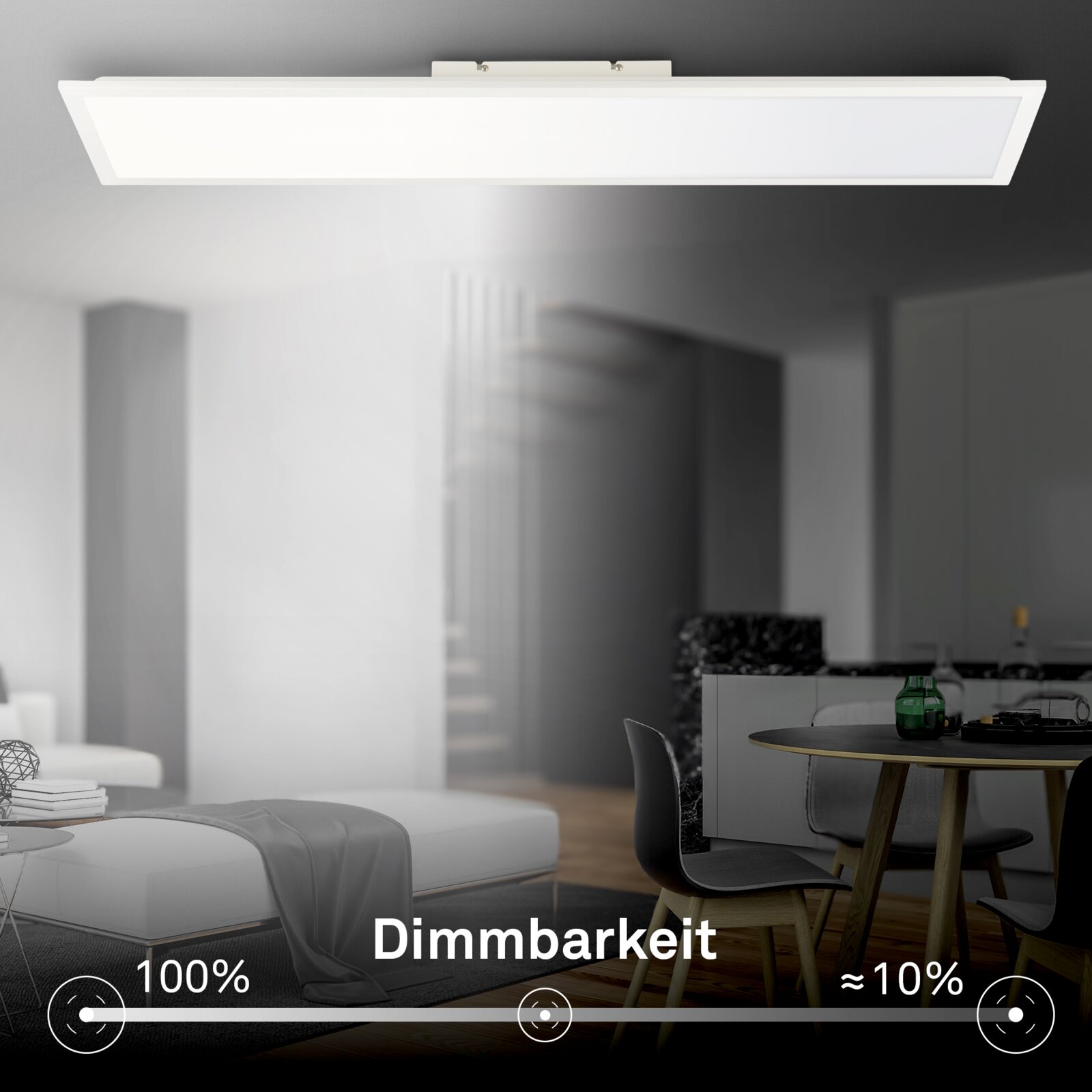 Rechteckige, flache LED-Deckenleuchte in Weiß mit diffuser Lichtfläche, montiert an der Zimmerdecke in modernem Wohn-/Essbereich, Ansicht von unten leicht schräg.