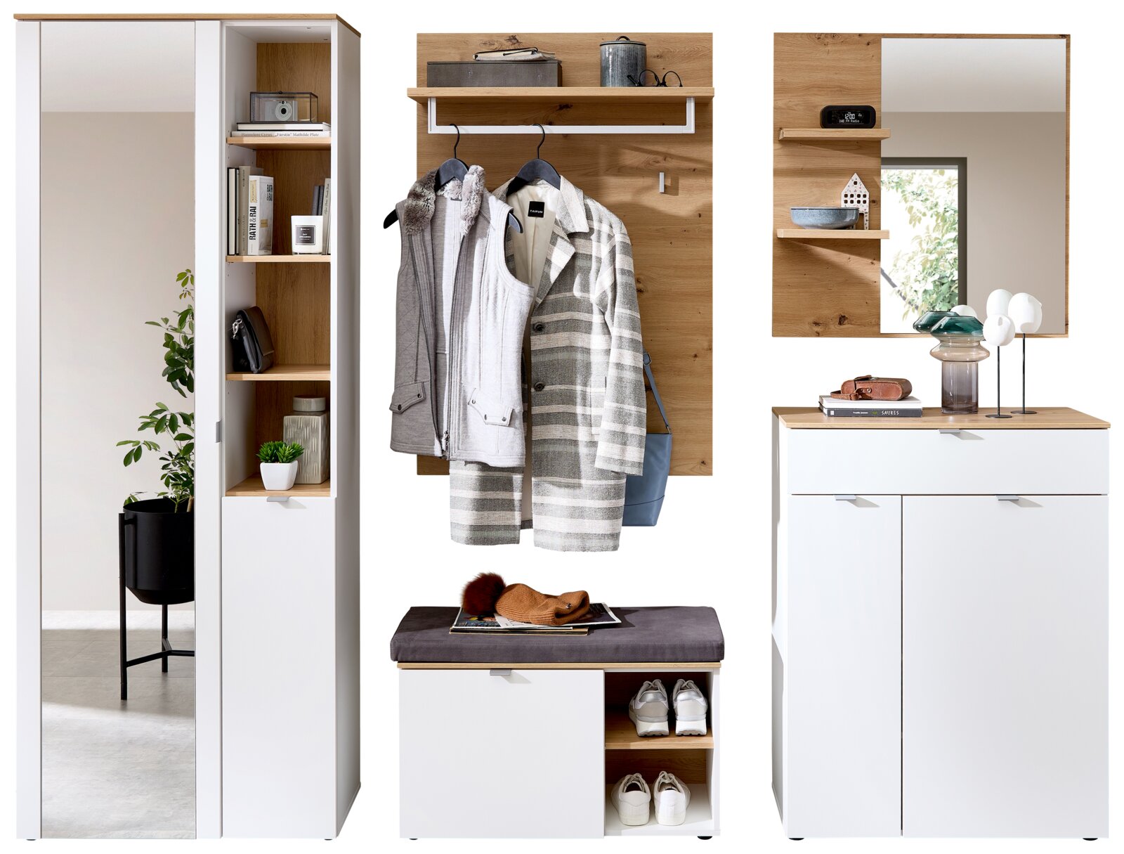 Garderoben-Set in moderner Perspektive mit weißem und holzfarbenem Design, bestehend aus einem Spiegel, einem Schrank mit Regalen, einer Sitzbank mit Stauraum und einer Wandgarderobe mit Haken.