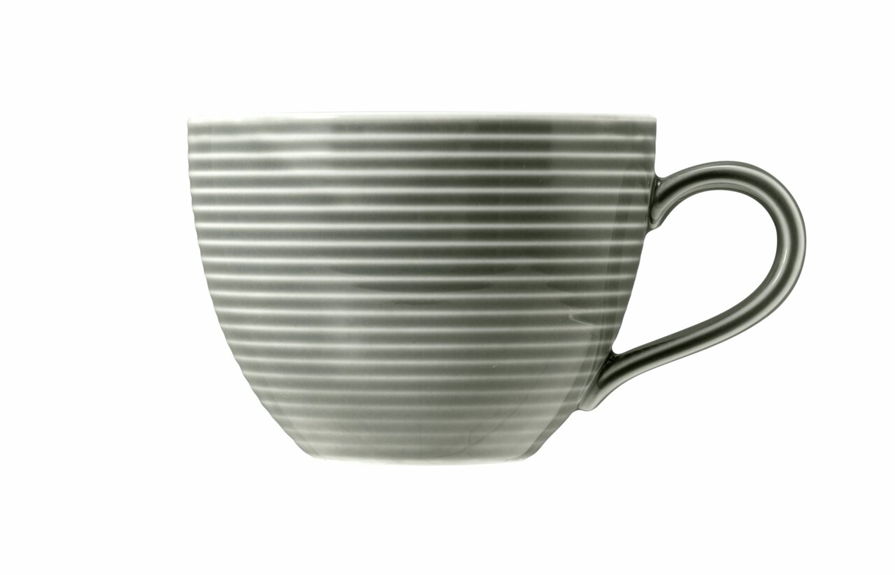 Graue Kaffeetasse mit Reliefstreifen, seitliche Ansicht