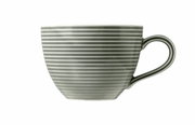 Graue Kaffeetasse mit Reliefstreifen, seitliche Ansicht