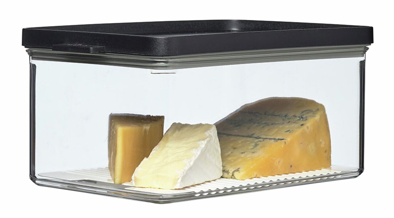 Rechteckige Kühlschrankdose mit schwarzem Deckel, gefüllt mit verschiedenen Käsesorten, seitliche Perspektive