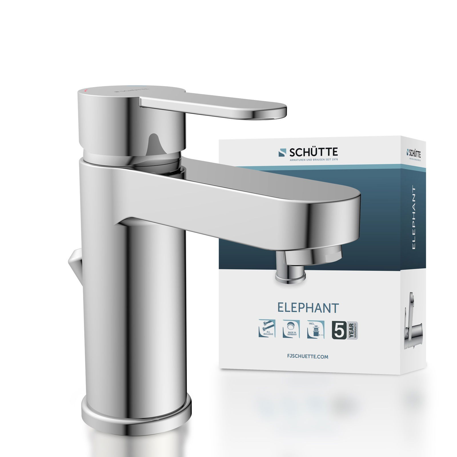 Moderne Waschtischarmatur in Chromoptik, seitliche Perspektive mit Verpackung im Hintergrund