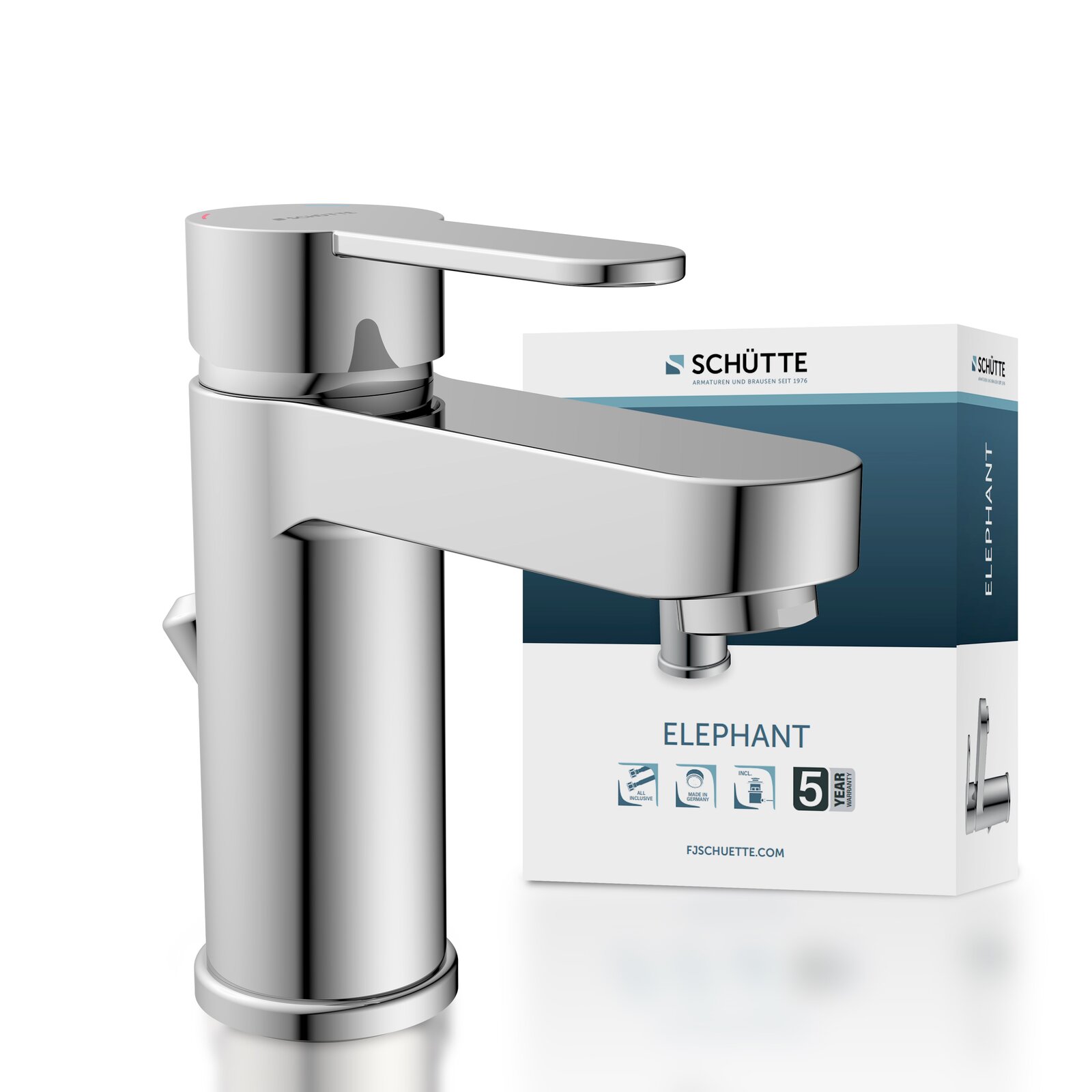 Moderne Waschtischarmatur in Chromoptik, seitliche Perspektive mit Verpackung im Hintergrund