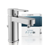 Moderne Waschtischarmatur in Chromoptik, seitliche Perspektive mit Verpackung im Hintergrund