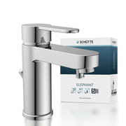 Moderne Waschtischarmatur in Chromoptik, seitliche Perspektive mit Verpackung im Hintergrund