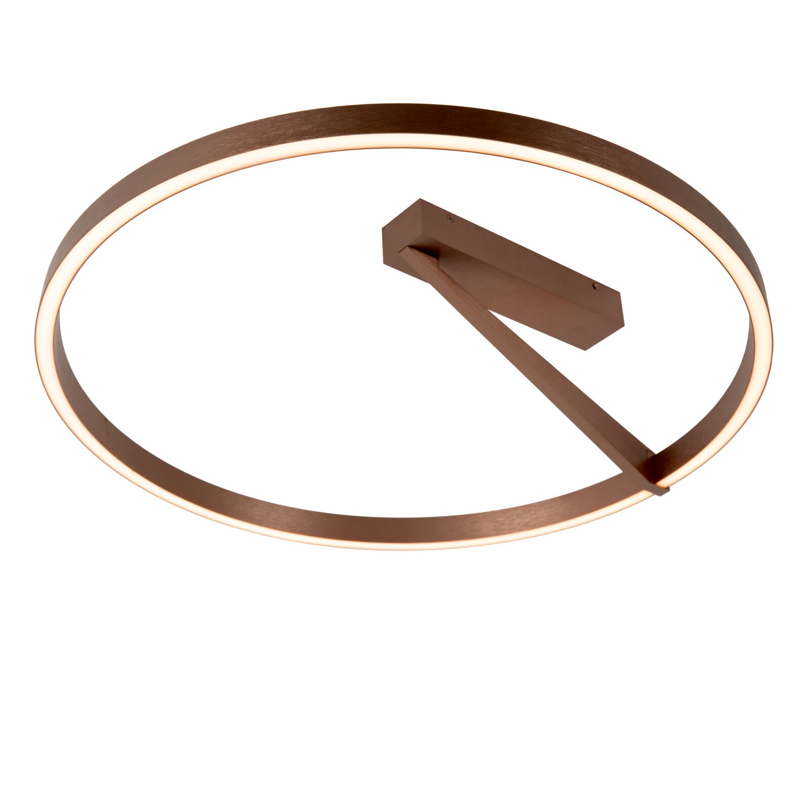 Runde LED-Deckenleuchte im Ringdesign in Bronze/Kupferoptik mit warmweißem Licht, schräge Ansicht von unten