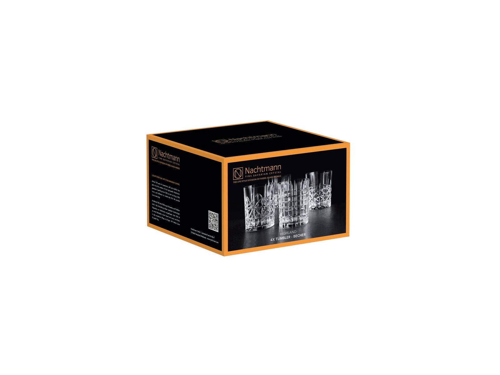 Verpackung des Nachtmann Highland Glas-Sets, 4-teilig, mit verschiedenen Tumbler-Designs, seitliche Perspektive