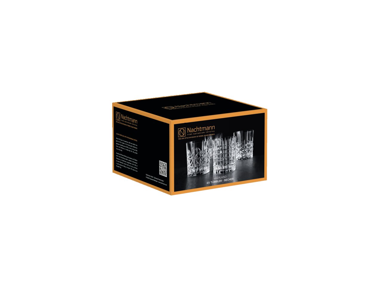 Verpackung des Nachtmann Highland Glas-Sets, 4-teilig, mit verschiedenen Tumbler-Designs, seitliche Perspektive