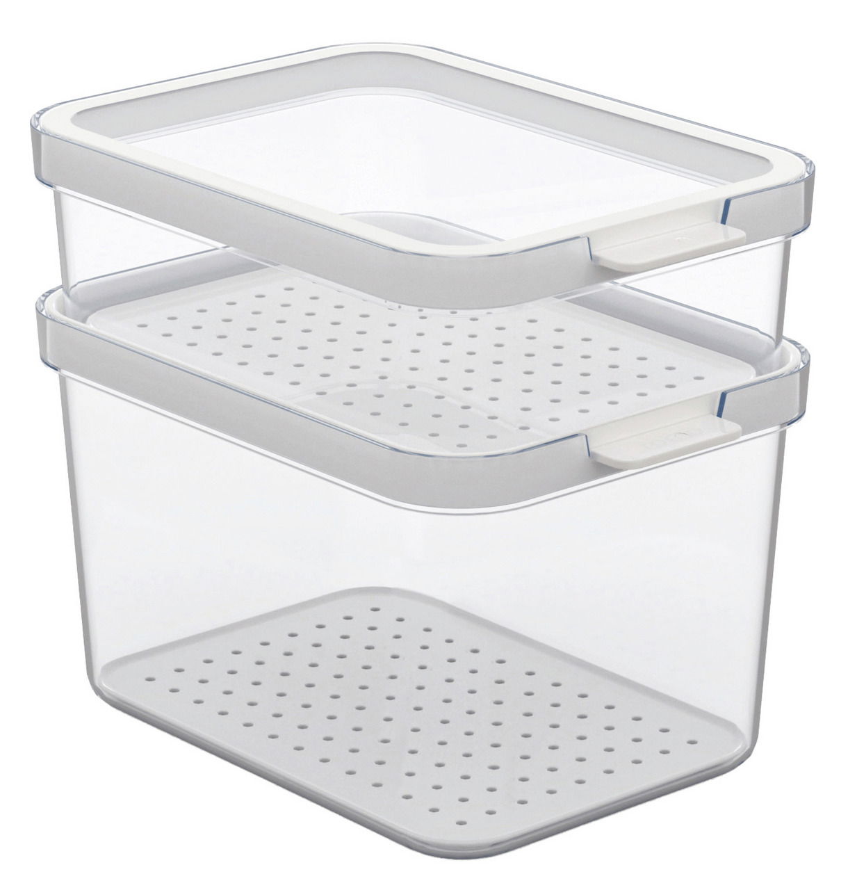 Zwei stapelbare, durchsichtige Kühlschrankorganizer mit perforierten Deckeln, seitliche Perspektive