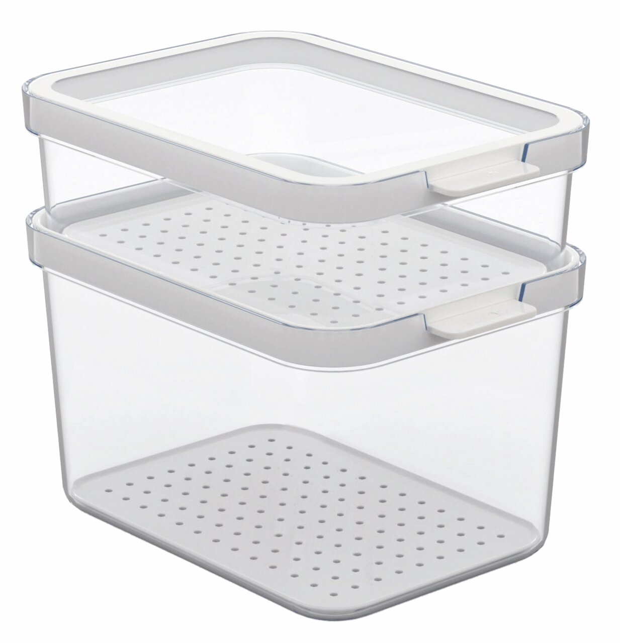 Zwei stapelbare, durchsichtige Kühlschrankorganizer mit perforierten Deckeln, seitliche Perspektive