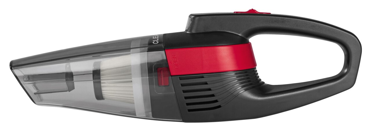 Akku Handstaubsauger in Seitenansicht mit rotem und schwarzem Design.