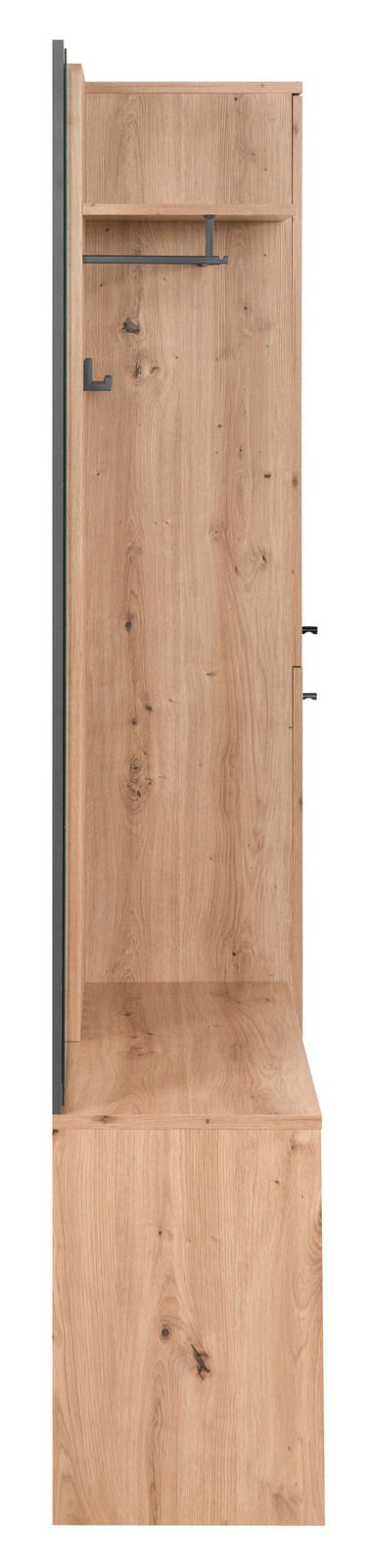 Garderoben-Set aus Holz in seitlicher Perspektive mit Haken und Ablage.
