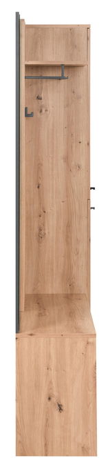 Garderoben-Set aus Holz in seitlicher Perspektive mit Haken und Ablage.