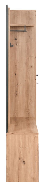 Garderoben-Set aus Holz in seitlicher Perspektive mit Haken und Ablage.