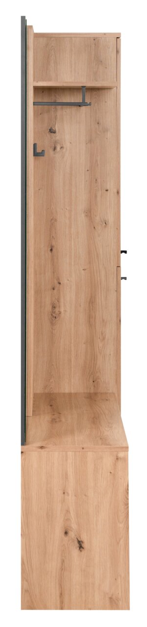 Houten kapstokset in zijaanzicht, met haken en een plank.