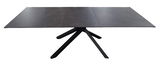 Moderner Esstisch mit dunkler Tischplatte und einzigartigem, sternförmigem Fußgestell, seitliche Perspektive