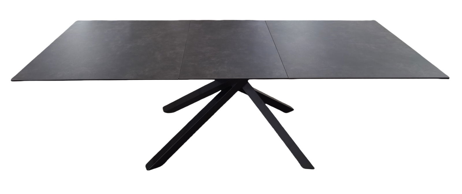 Novel Esstisch MIKADO Moderner Esstisch mit dunkler Tischplatte und einzigartigem, sternförmigem Fußgestell, seitliche Perspektive