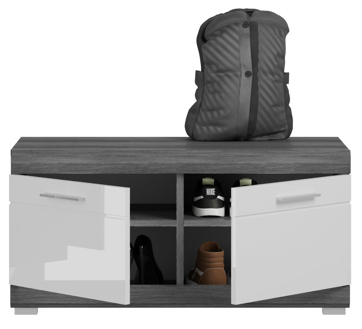 Garderobenbank in Holzoptik mit zwei offenen Türen, die Schuhe und einen Rucksack zeigen, frontale Perspektive.