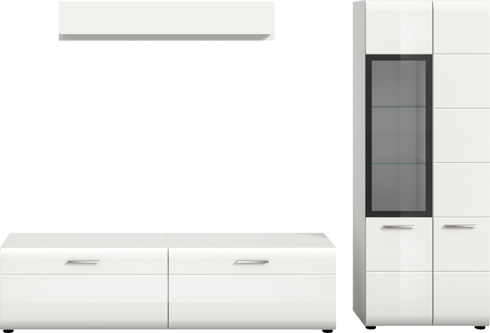 Modernes weißes Wohnmöbel-Set mit Lowboard, Wandboard und hohem Vitrinenschrank mit Glastür und silbernen Griffen, frontale Ansicht