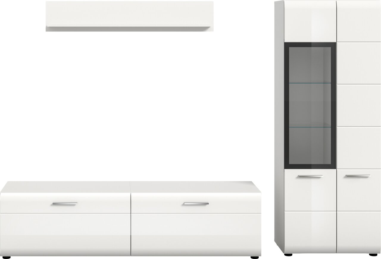 Modernes weißes Wohnmöbel-Set mit Lowboard, Wandboard und hohem Vitrinenschrank mit Glastür und silbernen Griffen, frontale Ansicht